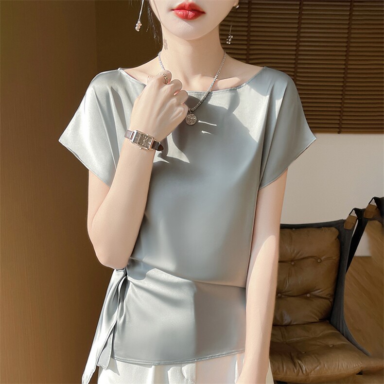 2025年春季一字领短袖纯色气质通勤时尚套头衬衫，女装衬衫，朝贺羊绒