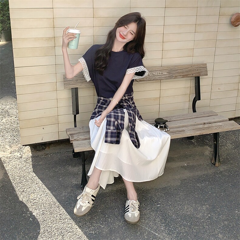 小众设计师款拼接格子绑带蕾丝连衣裙女2025夏季新款显瘦气质长裙,女装连衣裙,2C332