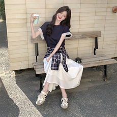 小众设计师款拼接格子绑带蕾丝连衣裙女2025夏季新款显瘦气质长裙，女装连衣裙，2C332