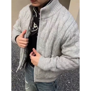 荆刺绞花立领加绒毛衣男款秋冬重磅开衫针织衫座山雕外套MS503