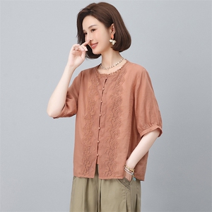 纯苎麻衬衫女夏薄款2025文艺刺绣妈妈款上衣图片