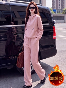 时尚运动风加绒套装女秋冬高级感加厚连帽卫衣高腰阔腿长裤两件套图片