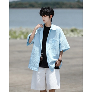 8XL-M泡泡纱盐缩肌理短袖衬衫男夏季冰丝外套防晒衬衣DC28011P36图片