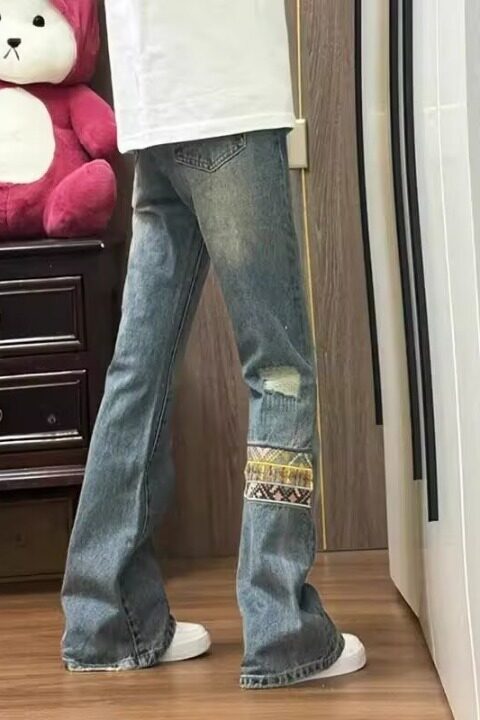 网图现货美式微喇直筒民族风拼接贴布牛仔裤男K428/P53,男装牛仔裤,星座205-3