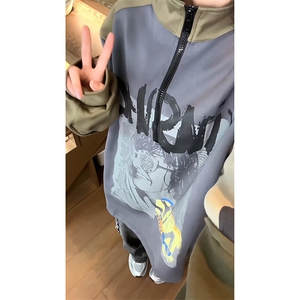 复古风格撞色拼接感时尚卫衣立领宽松半拉链设计卫衣HY484P55控78图片