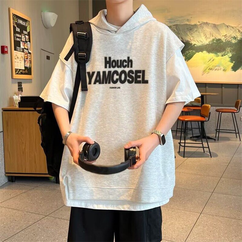 C510P38日系少年感假两件短袖T恤男夏季宽松青少年连帽套,男装T恤,星座512-6