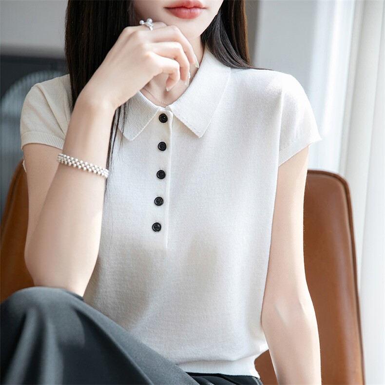 经典翻领扣子POLO衫小飞袖T恤女2025夏季新款气质复古针织短袖t恤，女装针织衫/毛衣，佰旭羊绒