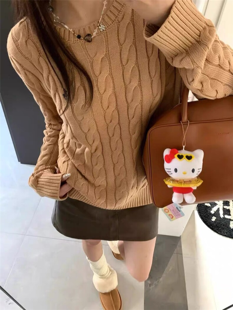 女士秋冬宽松麻花针织衫复古简约纯色毛衣,针织衫/毛衣,美莎羊绒