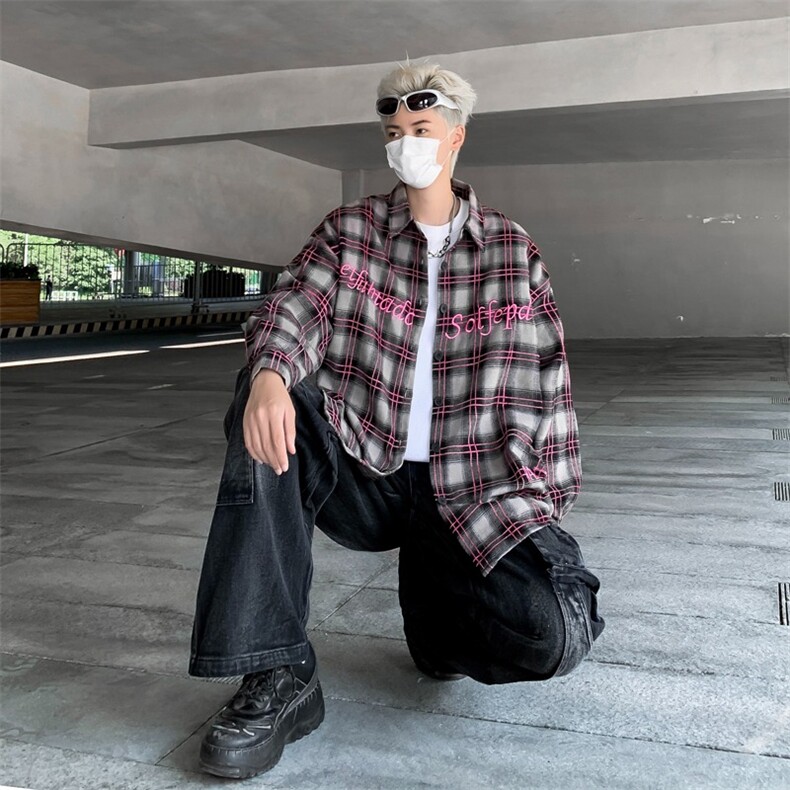 美式刺绣格子衬衫短袖男痞帅高级感格纹衬衣cleanfit外图片
