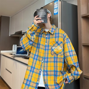 美式复古黄色格子衬衫男潮牌感宽松长袖薄衬衣防晒外套C11-2/P40图片