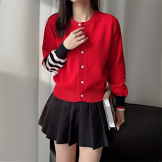 开衫条纹拼接圆领单排扣显瘦2024年秋季针织衫，女装羊毛衫，臻纶羊绒