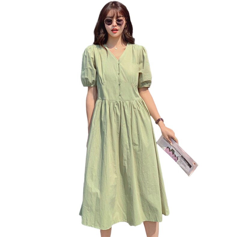 2022年夏季时尚潮流舒适短袖连衣裙中长款纯色气质,女装连衣裙,奕薇雅