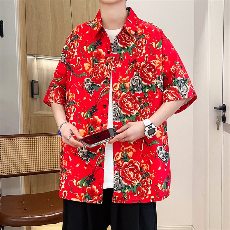 D1男女中性风东北大花短袖衬衫衬衣外套民族风汉服团队服,男装衬衫,星座115A(原星座507）