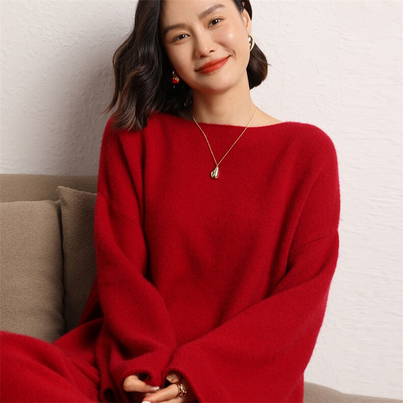 2024秋冬新款羊绒衫女长袖一字领套头宽松百搭毛衣,女装羊绒衫,五色羊羊绒
