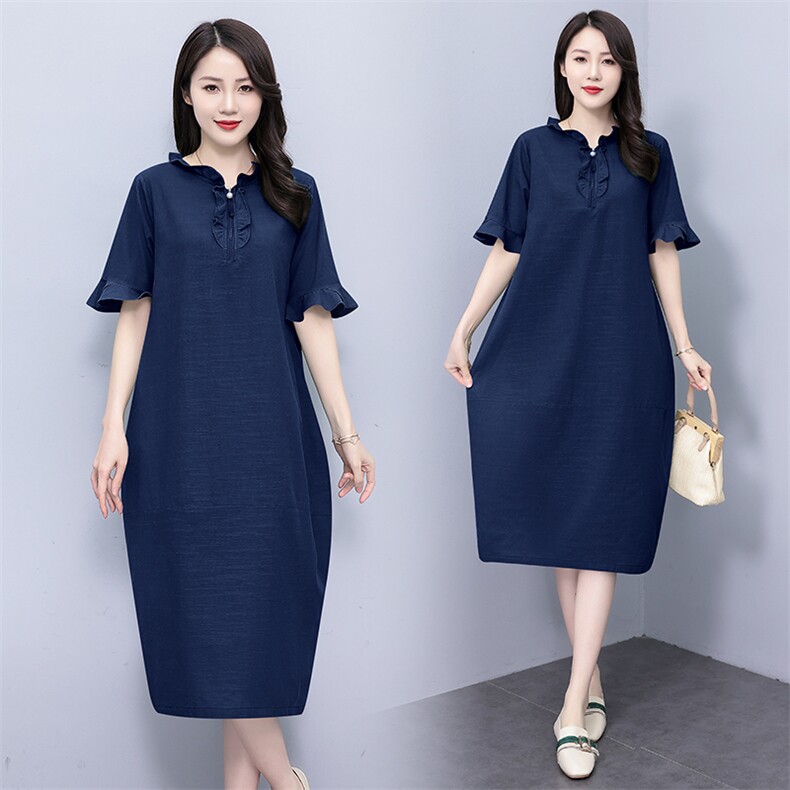 （现货）2025年夏季薄款简约中长款A型短袖翻领宽松腰休闲连衣裙，女装连衣裙，深妍伊美