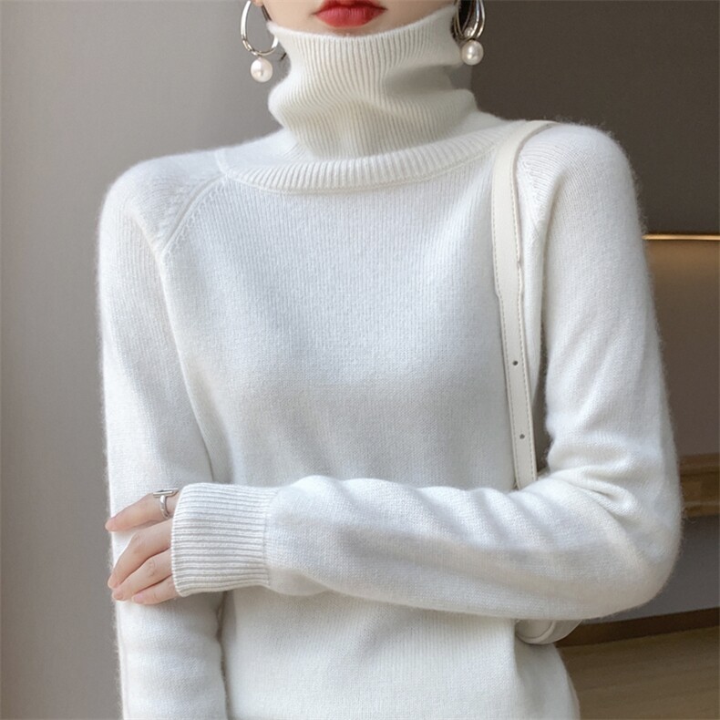 纯山羊绒衫女高领宽松毛衣保暖内搭套头针织打底衫冬加厚白色，女装羊绒衫，轩妮羊绒