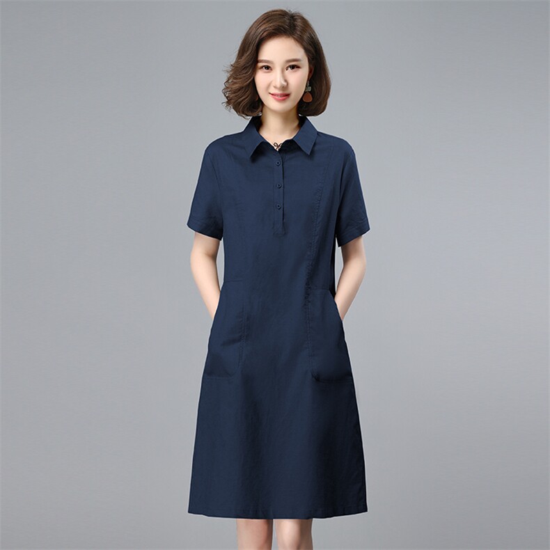 棉麻连衣裙女2025夏季新款中年妈妈气质休闲短袖直筒裙衬衫领裙子,女装连衣裙,韩派