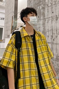 21年夏季短袖衬衫男宽松落肩港风格子衬衫男DS-C407-CS307-P35图片