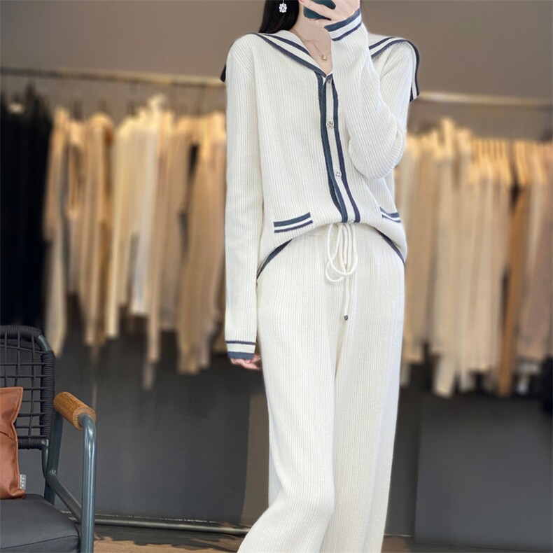 时尚显瘦海军领拼色针织套装女秋冬季新款宽松休闲两件套毛衣裤，女装套装/套裙，宛庄羊绒