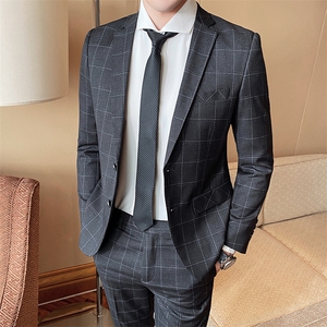 2021春款西装套装格子两件套高品质职业套装工作服男装815图片