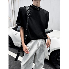 XZ1005-1-TTH0049-批价48控68-小众设计领口皮带垫肩短袖T恤，男装T恤，星座1005-1