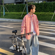 日系cityboy复古长袖衬衫男秋季潮流设计感小众粉色格子衬衣外套，男装衬衫，电商B413-1