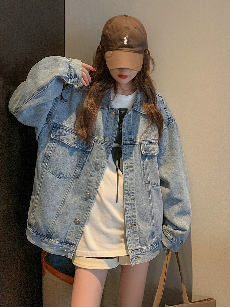 小个子美式复古夹克蓝色翻领宽松牛仔外套女秋季,女装短外套,Mushroom