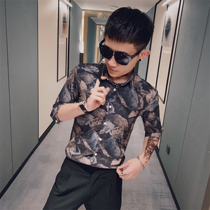 312A-235-P55 新款社会小伙中袖衬衫韩版潮流男士五分袖衬衣B图片