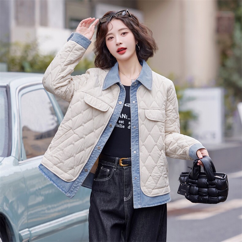 假两件牛仔拼接菱格轻薄棉服女2024冬季新款宽松百搭保暖夹棉外套,女装棉衣/棉服,靓星雨
