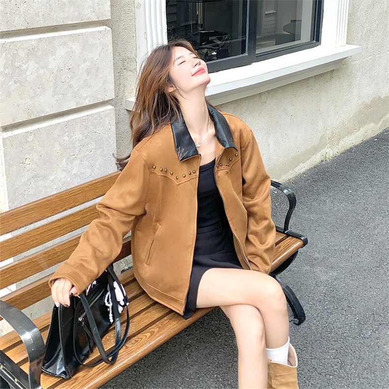 新品巴恩风撞色翻领复古麂皮夹克外套2C285-2857-P150-K218,女装短外套,2C285