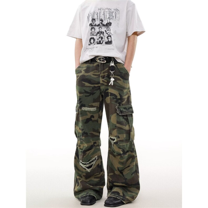 W10157-P63网图现货美式水洗做旧破洞迷彩工装裤设计感阔腿长裤，男装工装外套，星座1608-2