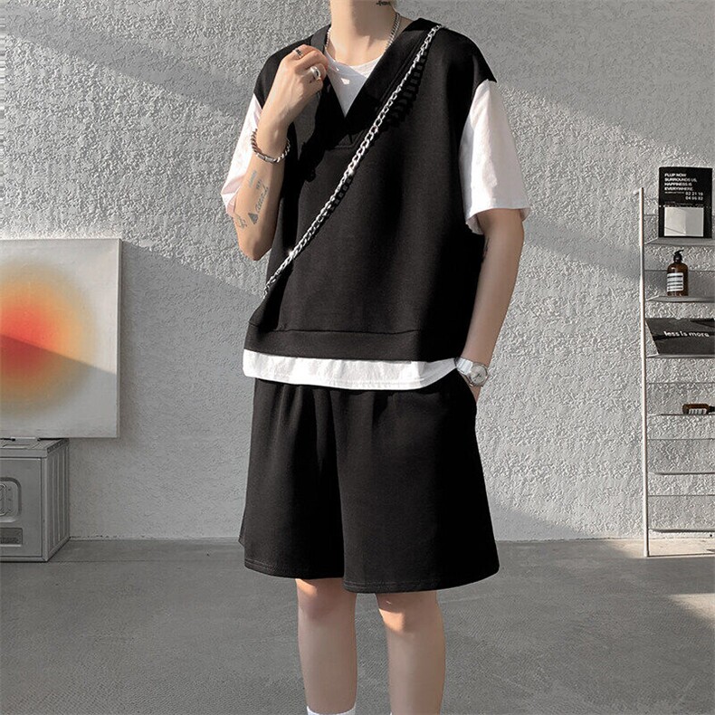 8XL-M高级感休闲运动套装男假两件短袖上衣阔腿裤短裤两件套TZ107,男装休闲套装,电商D206-1