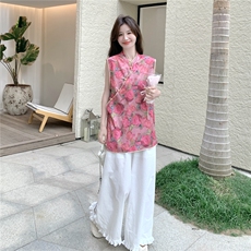 新中式国风女2025夏季新款独特漂亮印花改良旗袍阔腿裤，女装蕾丝衫/雪纺衫，浙宝069