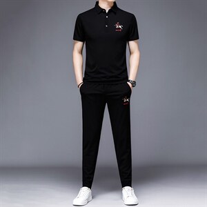 上衣裤子短袖纯色2023年翻领休闲夏季中年套装时尚HP516,男装休闲套装,电商B212（原钱塘6029）