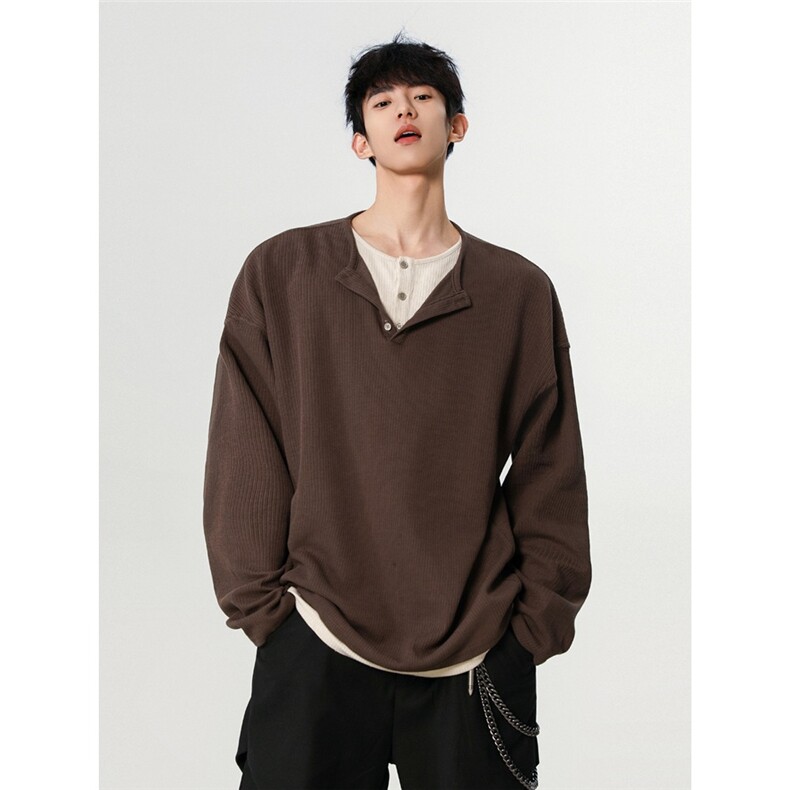 韩系设计感假两件拼接亨利领长袖卫衣男宽松肌理感内搭潮，男装卫衣，星座715-4