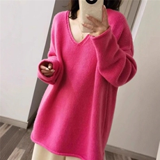 2025年秋季单件长袖宽松加厚V领套头衫，女装羊绒衫，鹿一羊绒