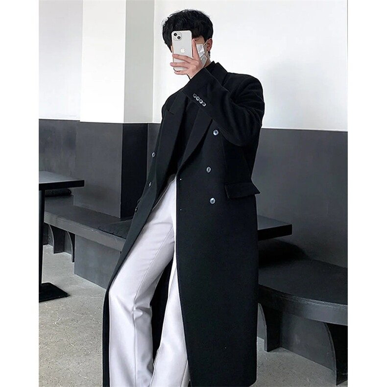 原版~韩系秋冬黑色毛呢大衣男休闲正肩过膝长款风衣外套Y982-P125，男装风衣，星座1004-3