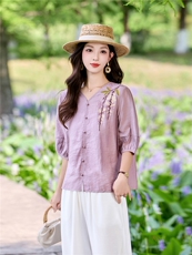 时尚洋气刺绣棉麻套装女2026夏季新款宽松遮肉显瘦阔腿裤两件套，女装套装/套裙，魅影