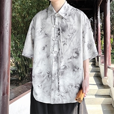 短袖衬衫竹叶水墨画印花大码CS33-P65-控88，男装衬衫，电商A021