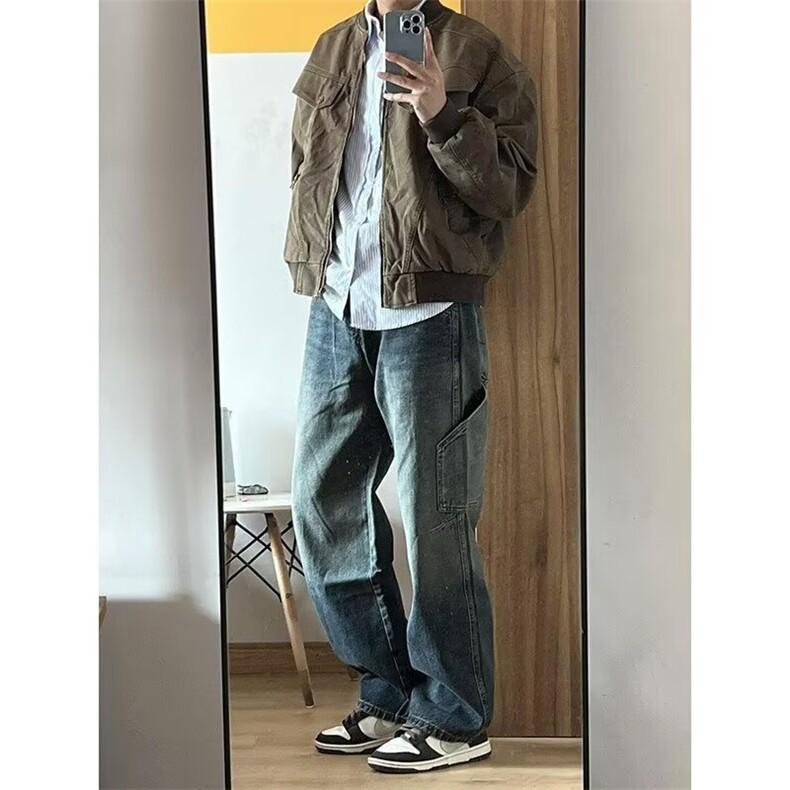 美式高街牛仔裤男潮牌复古微喇裤子潮牌宽松直筒阔腿长裤,男装牛仔裤,四季星座505