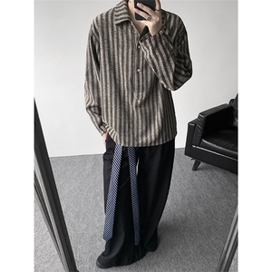 S-3XL 复古条纹半开领长袖衬衫上衣宽松慵懒休闲衬衣男CS534P48图片