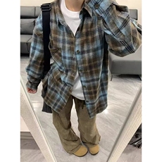 新款美式复古格子衬衫男长袖潮牌男女慵懒衬衣外套春秋L30199-p37，男装衬衫，星座1008