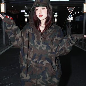 重磅连帽迷彩卫衣外套女春秋2025新款开春设计感拉链开衫WY8204图片
