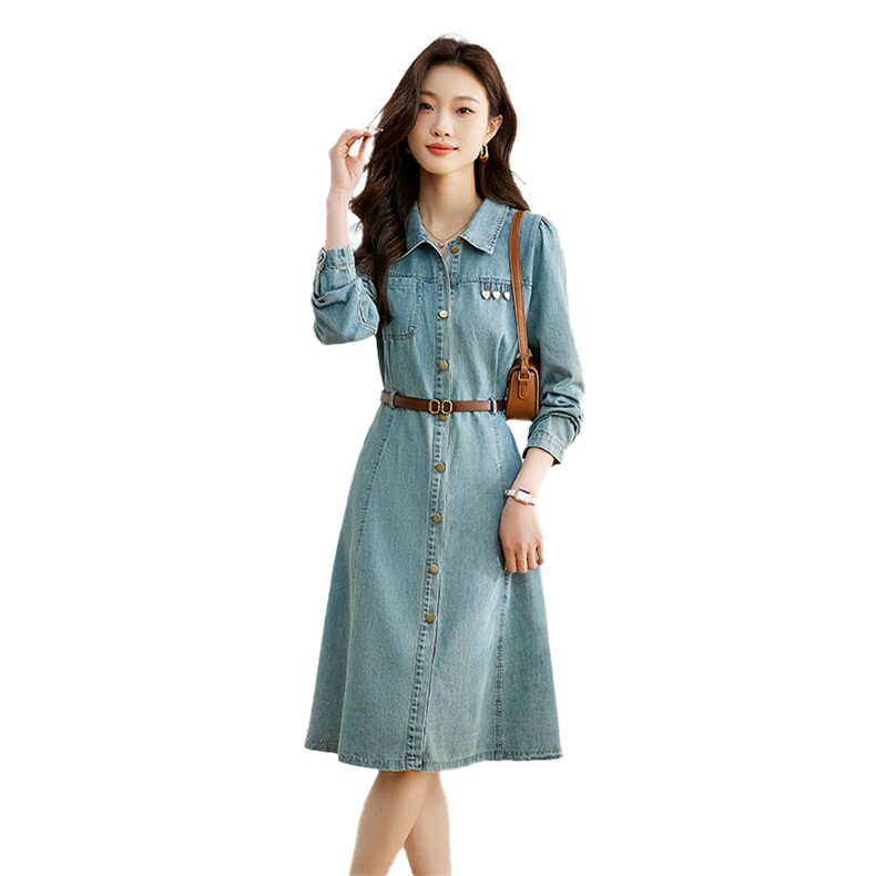 时尚休闲牛仔连衣裙女2024年春秋季新款小个子复古气质收腰中长裙,女装连衣裙,采品优优