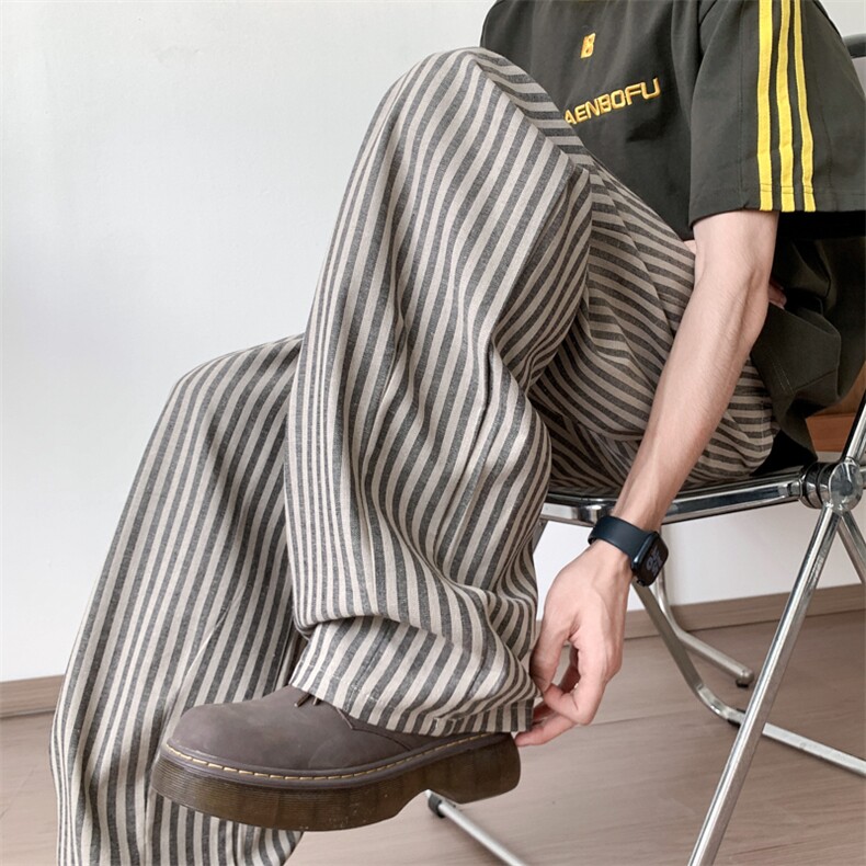 美式松弛感竖条纹休闲裤男女夏季慵懒风垂感直筒裤弯刀阔腿拖地裤，男装休闲裤，四季星座505