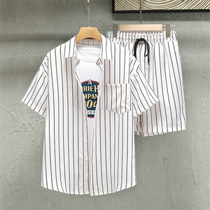 夏季青年花色印花衬衫套装男士多色宽松短裤套装TZ008-P45-控价79图片