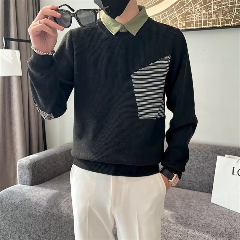男士假两件撞色翻领针织毛衣秋冬款潮流时尚拼接Y3344P65,男装针织衫/毛衣,星座1116-2