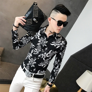 312A-741-P50新款秋冬季个性印花衬衫发型师夜场工装服衬衣