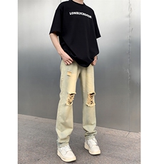 B221美式ins高街暗黑小众直筒破洞牛仔裤LK23056-P60控78，男装牛仔裤，电商B221