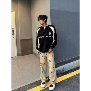 W9621-P53 网图现货 潮原创美式复古小花朵做旧黄泥色牛仔裤图片